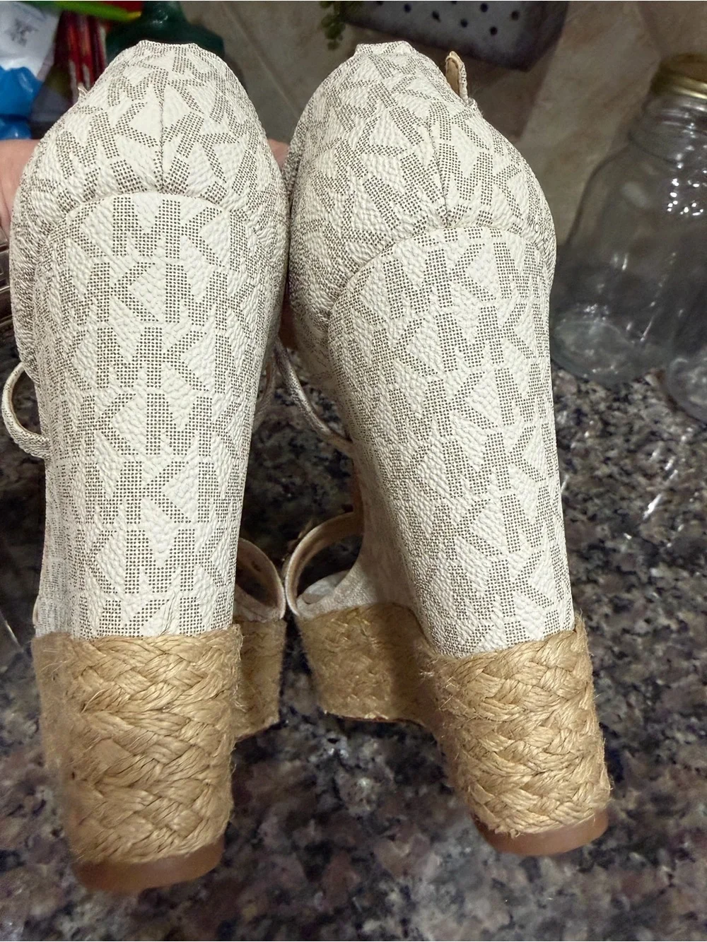 Michael Kors Beige Logo T-Strap Wedge heels - Size 9.5
